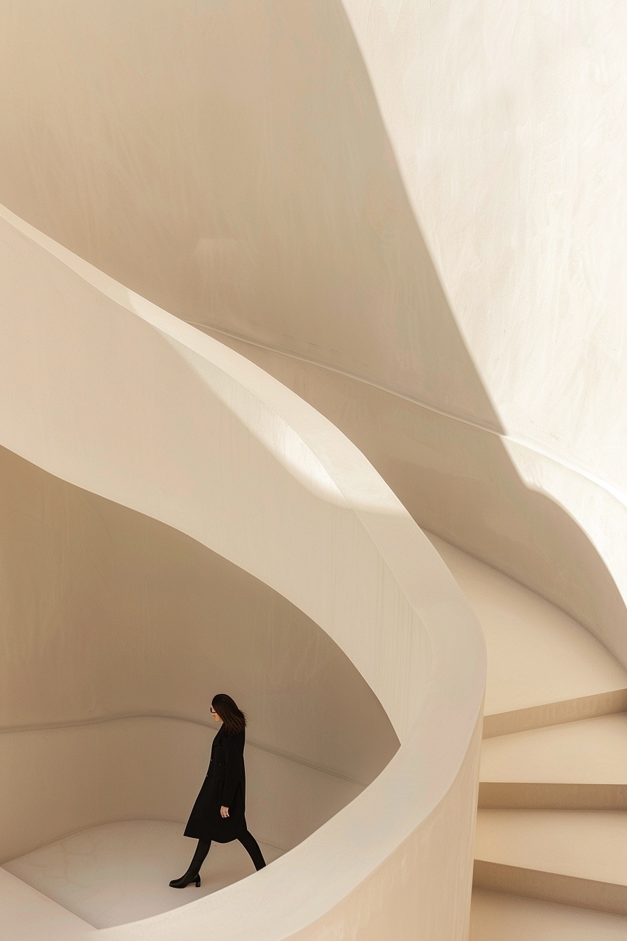 Person walking in sculptural staircase